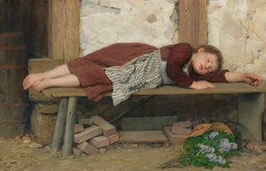 Ragazza addormentata su una panca di legno